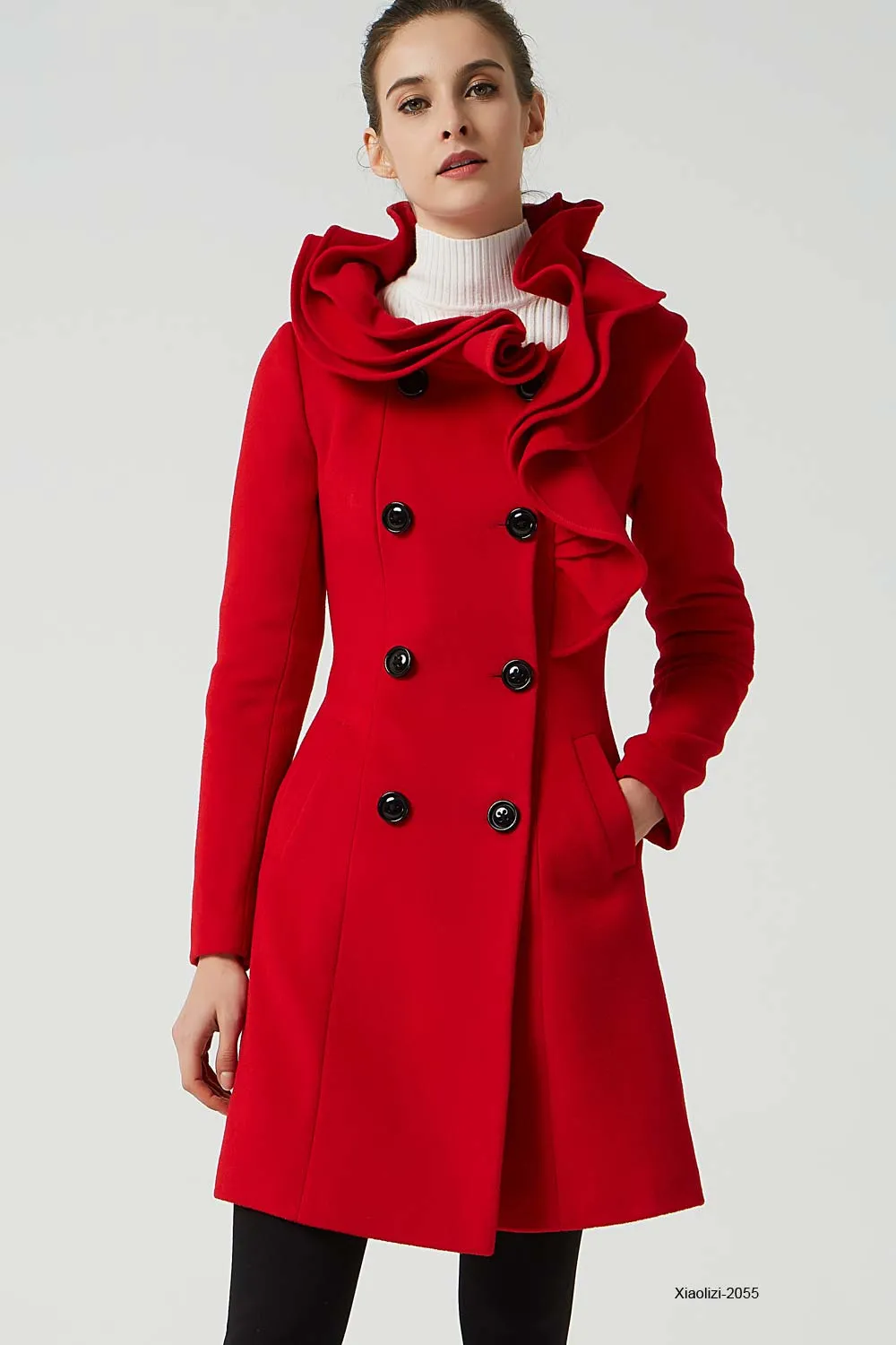 red wool coat with ruffle details, womens winter coat 2055#
