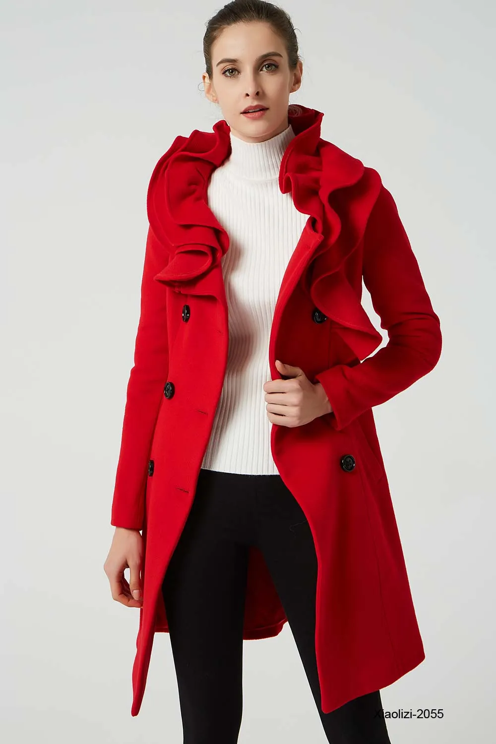 red wool coat with ruffle details, womens winter coat 2055#