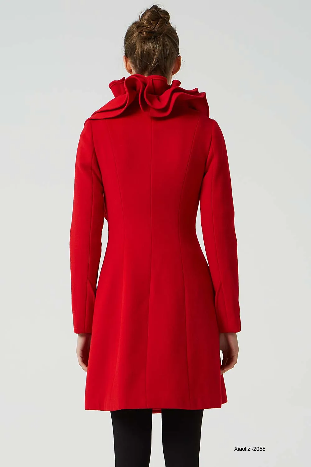 red wool coat with ruffle details, womens winter coat 2055#
