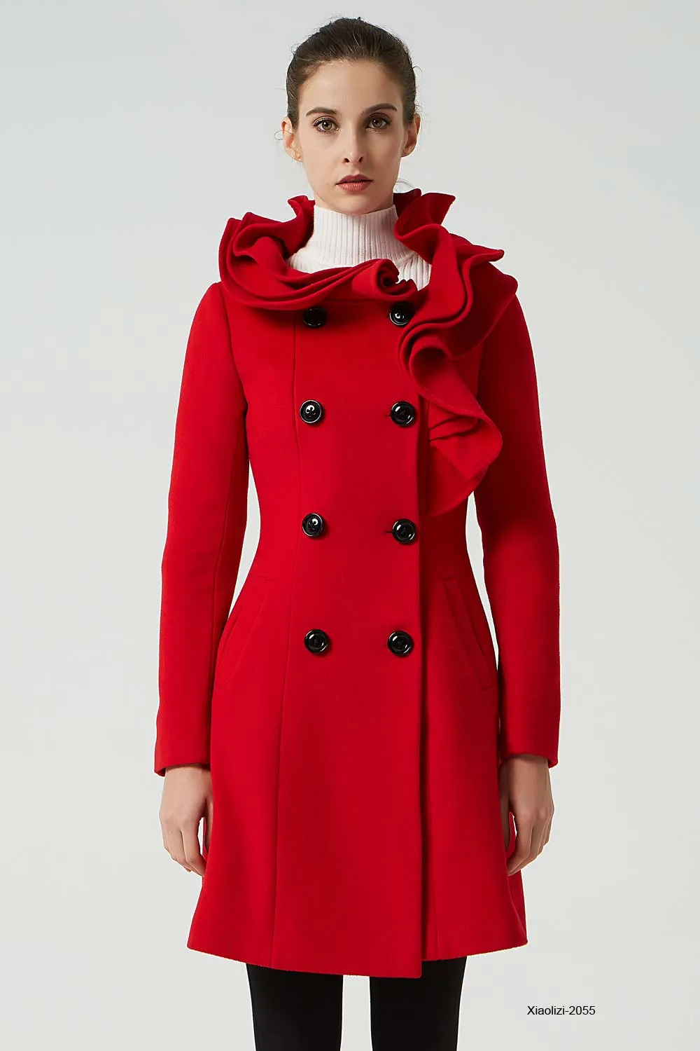 red wool coat with ruffle details, womens winter coat 2055#