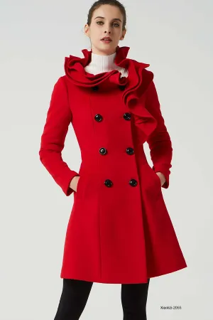 red wool coat with ruffle details, womens winter coat 2055#
