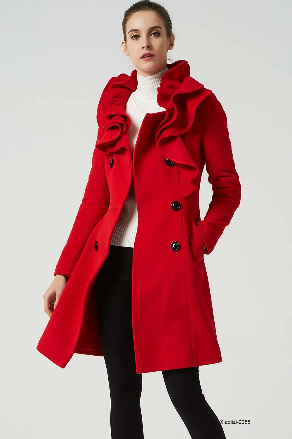 red wool coat with ruffle details, womens winter coat 2055#