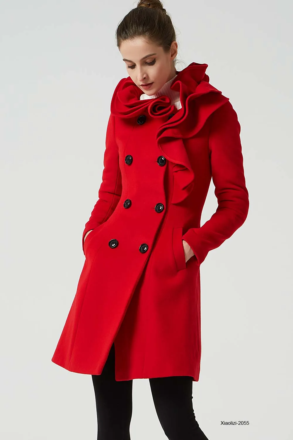 red wool coat with ruffle details, womens winter coat 2055#