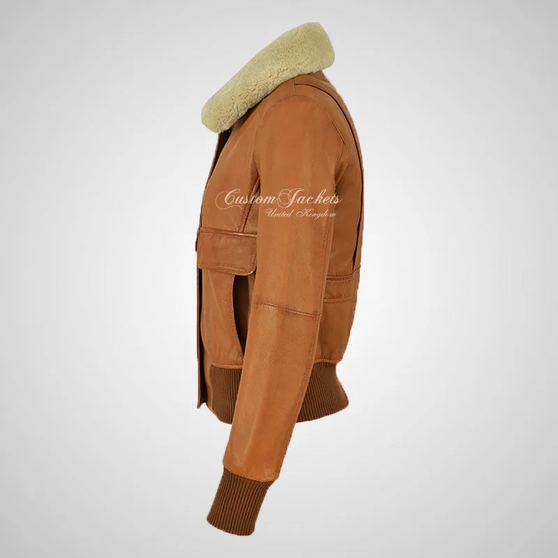 REESE Ladies Leather Bomber Jacket Removable Fur Collar