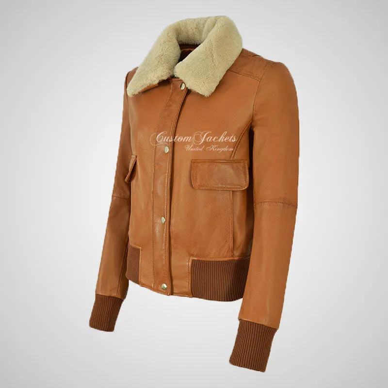 REESE Ladies Leather Bomber Jacket Removable Fur Collar