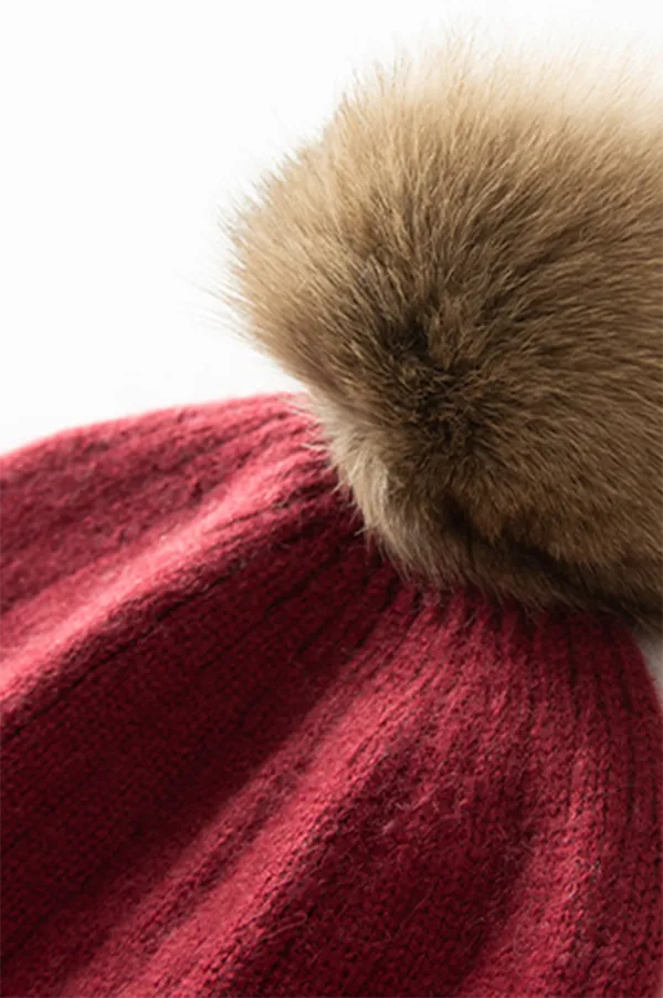 RIbbed Color-block Knit Cashmere Beanie With Pom Pom