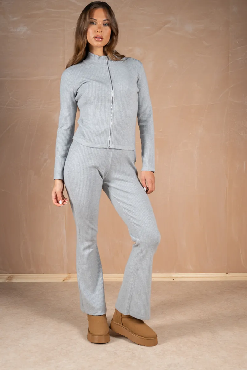Ribbed Flare Trousers - Grey