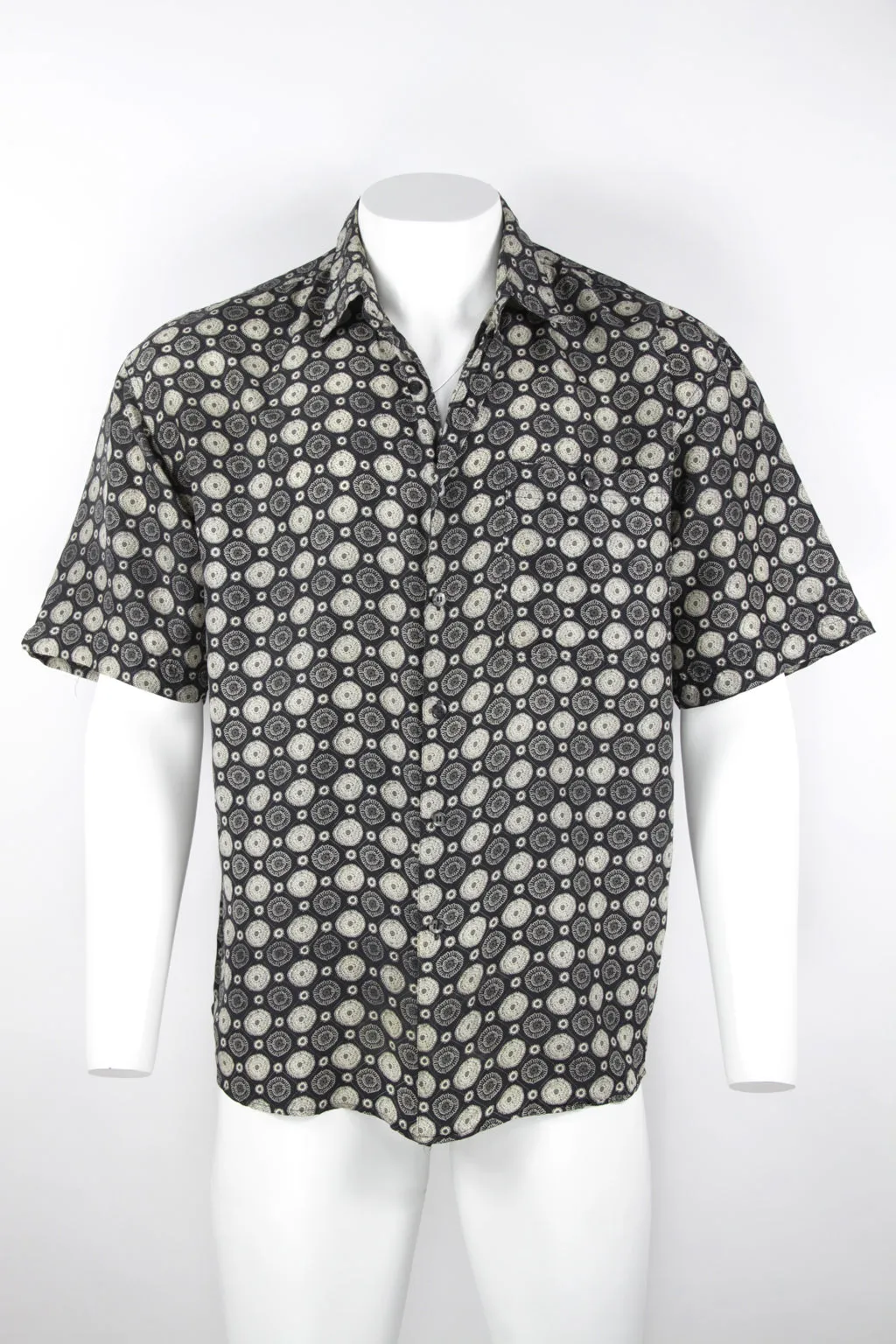 Short sleeve silk shirt - Black floral pattern - L