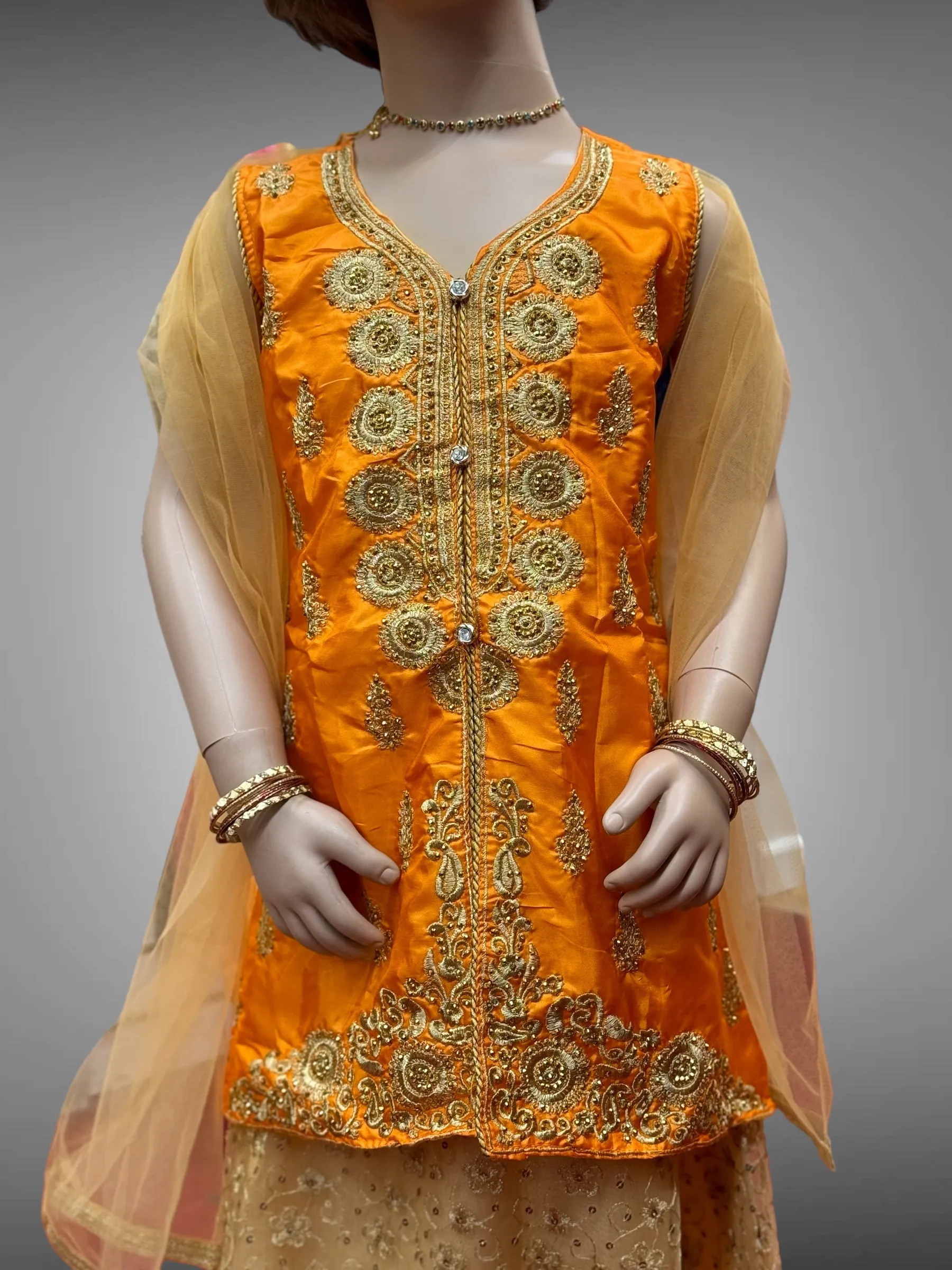Silk Embroidered Iridescent Orange Kids Lehenga Set