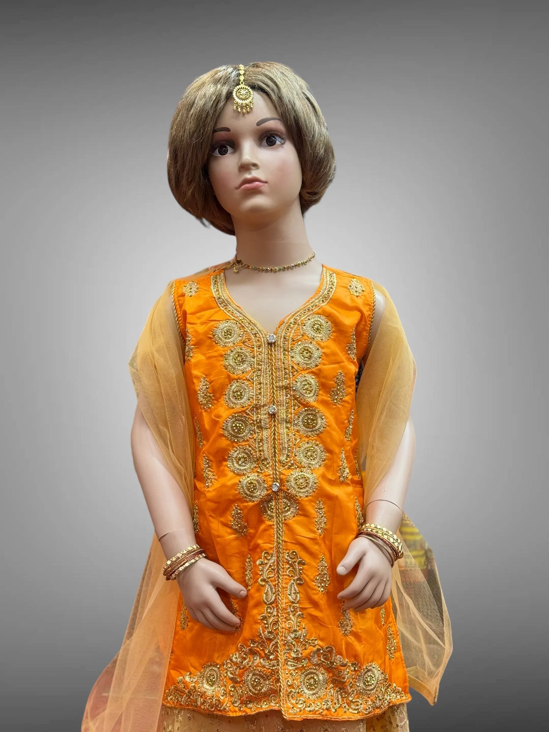 Silk Embroidered Iridescent Orange Kids Lehenga Set
