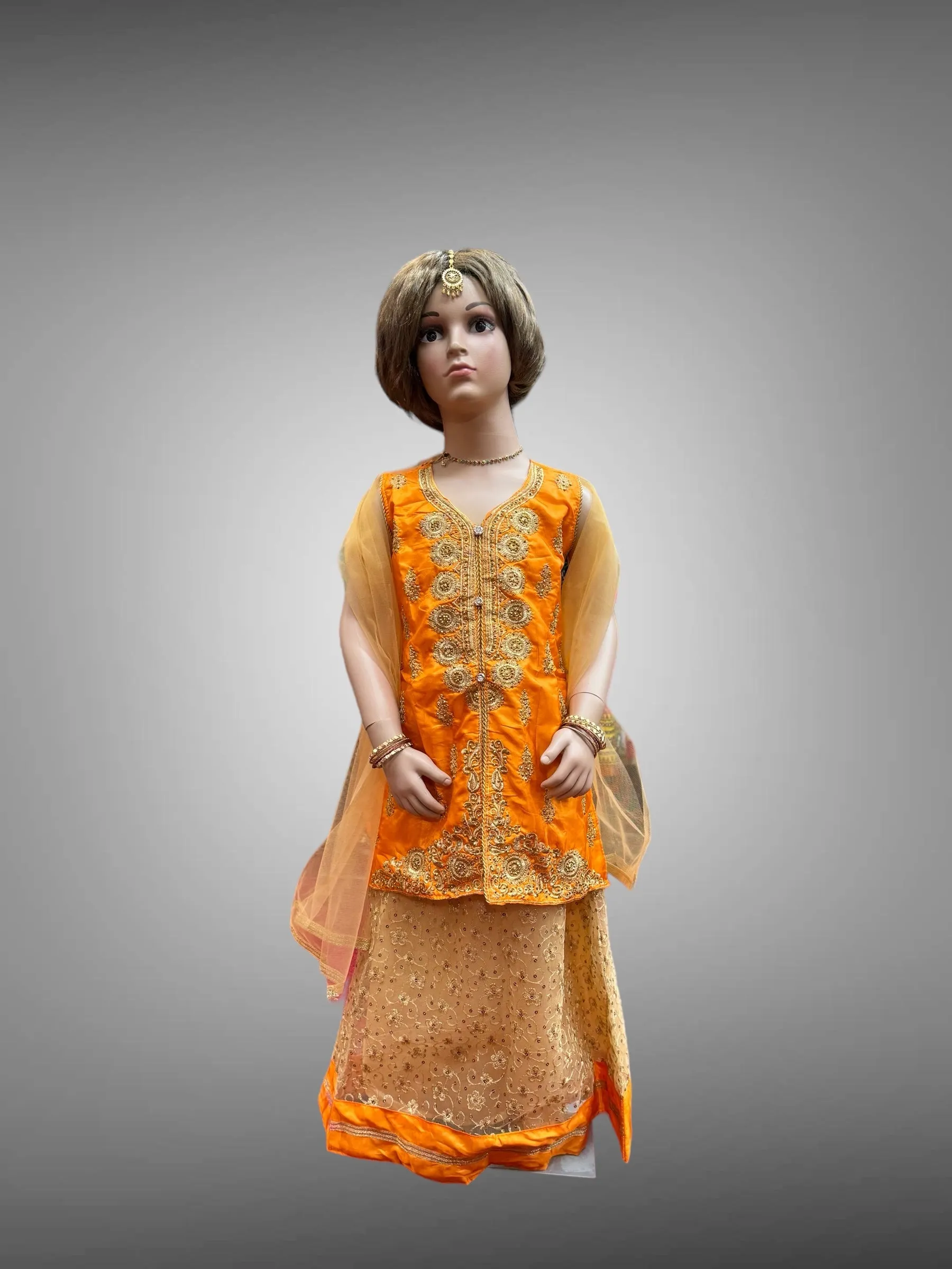 Silk Embroidered Iridescent Orange Kids Lehenga Set