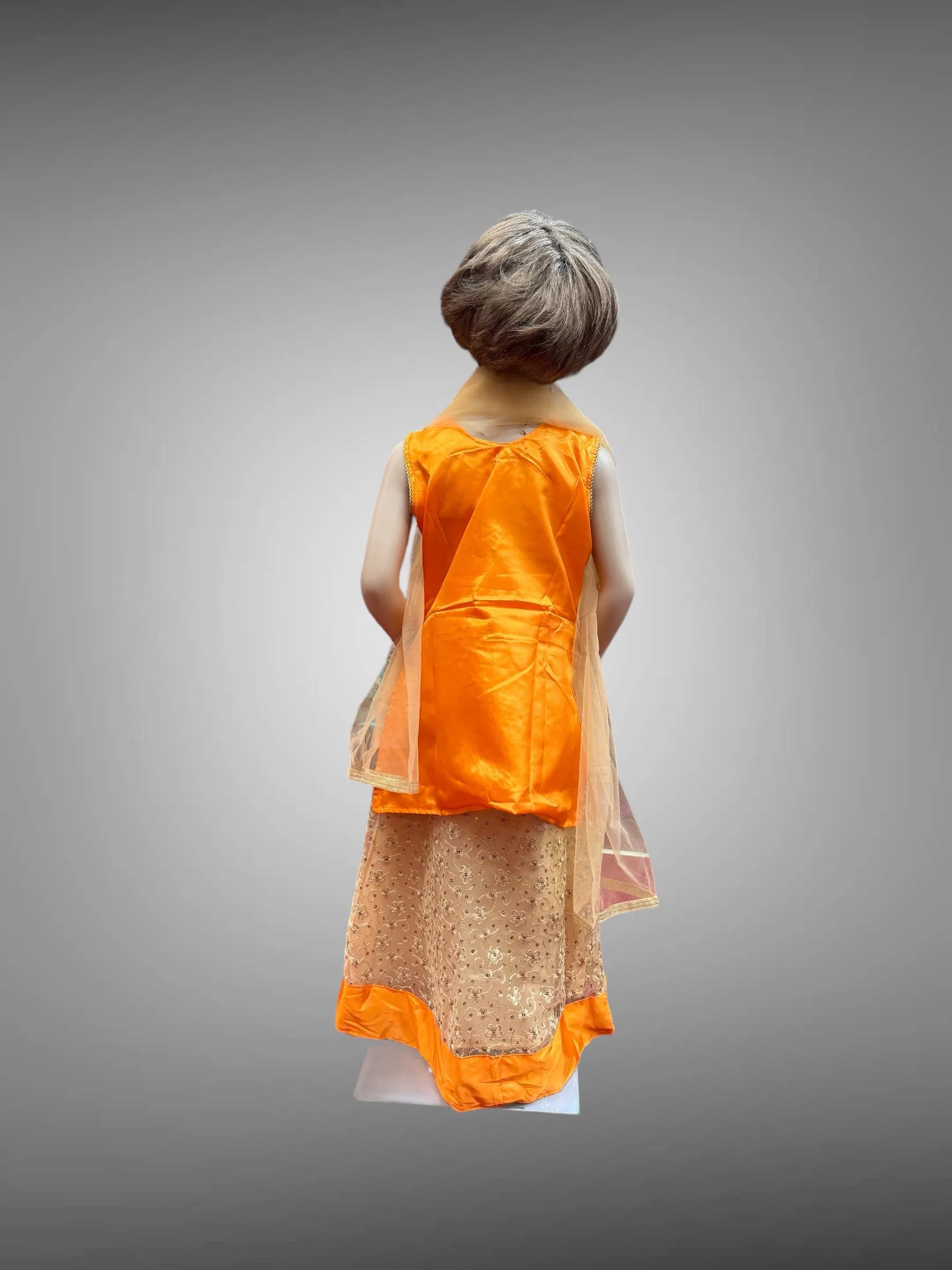 Silk Embroidered Iridescent Orange Kids Lehenga Set