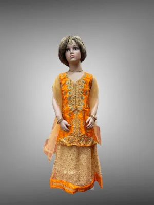 Silk Embroidered Iridescent Orange Kids Lehenga Set