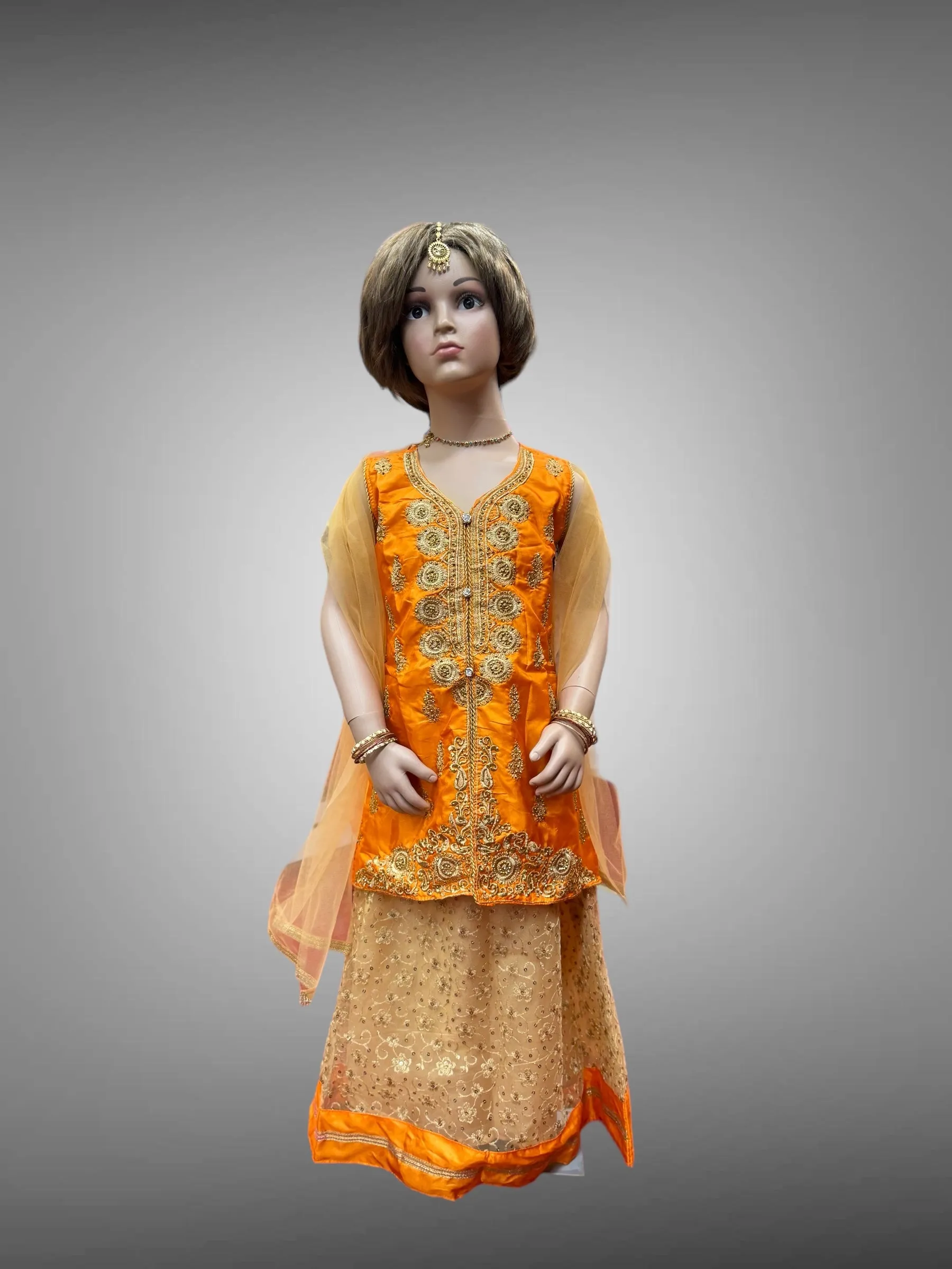 Silk Embroidered Iridescent Orange Kids Lehenga Set