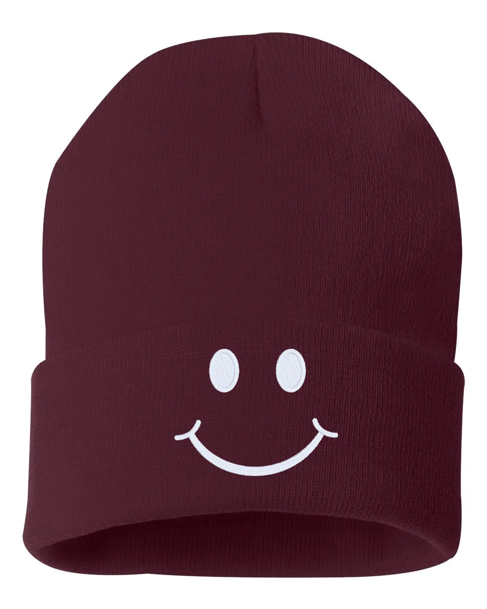 SMILE Face Embroidered Cuffed Beanie Hat