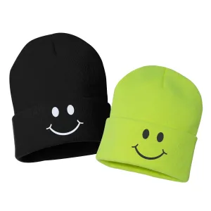 SMILE Face Embroidered Cuffed Beanie Hat