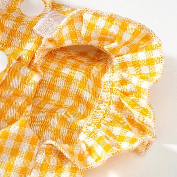 Spring Summer Checked Dress with Bunny and Lace for Cats and Dogs - Yellow