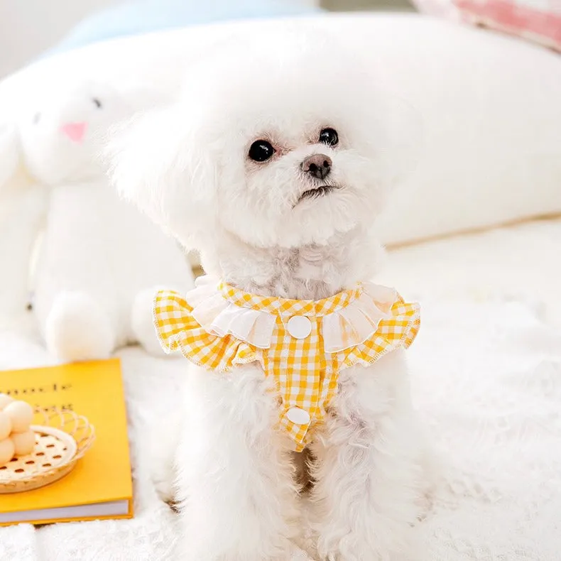 Spring Summer Checked Dress with Bunny and Lace for Cats and Dogs - Yellow