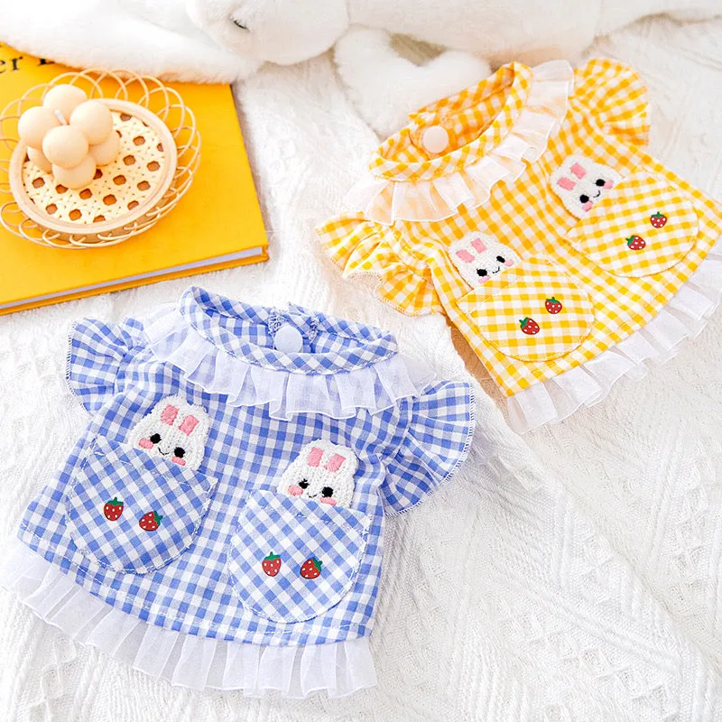 Spring Summer Checked Dress with Bunny and Lace for Cats and Dogs - Yellow