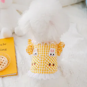 Spring Summer Checked Dress with Bunny and Lace for Cats and Dogs - Yellow