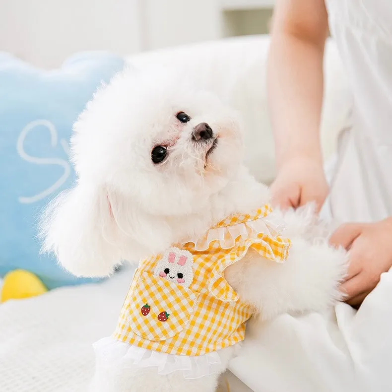 Spring Summer Checked Dress with Bunny and Lace for Cats and Dogs - Yellow