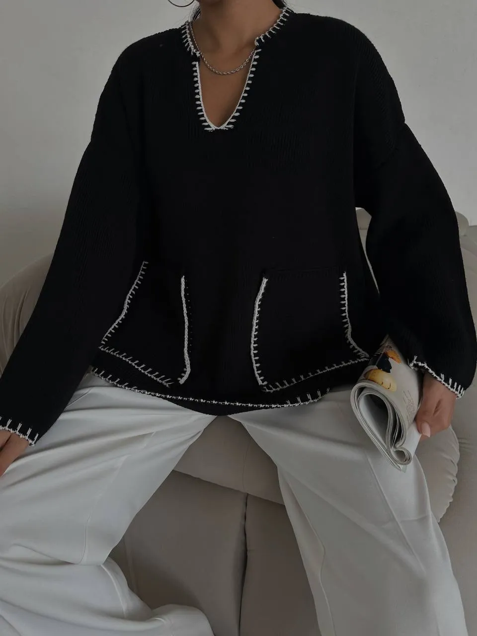 Strick Pullover mit Kontrastnähten