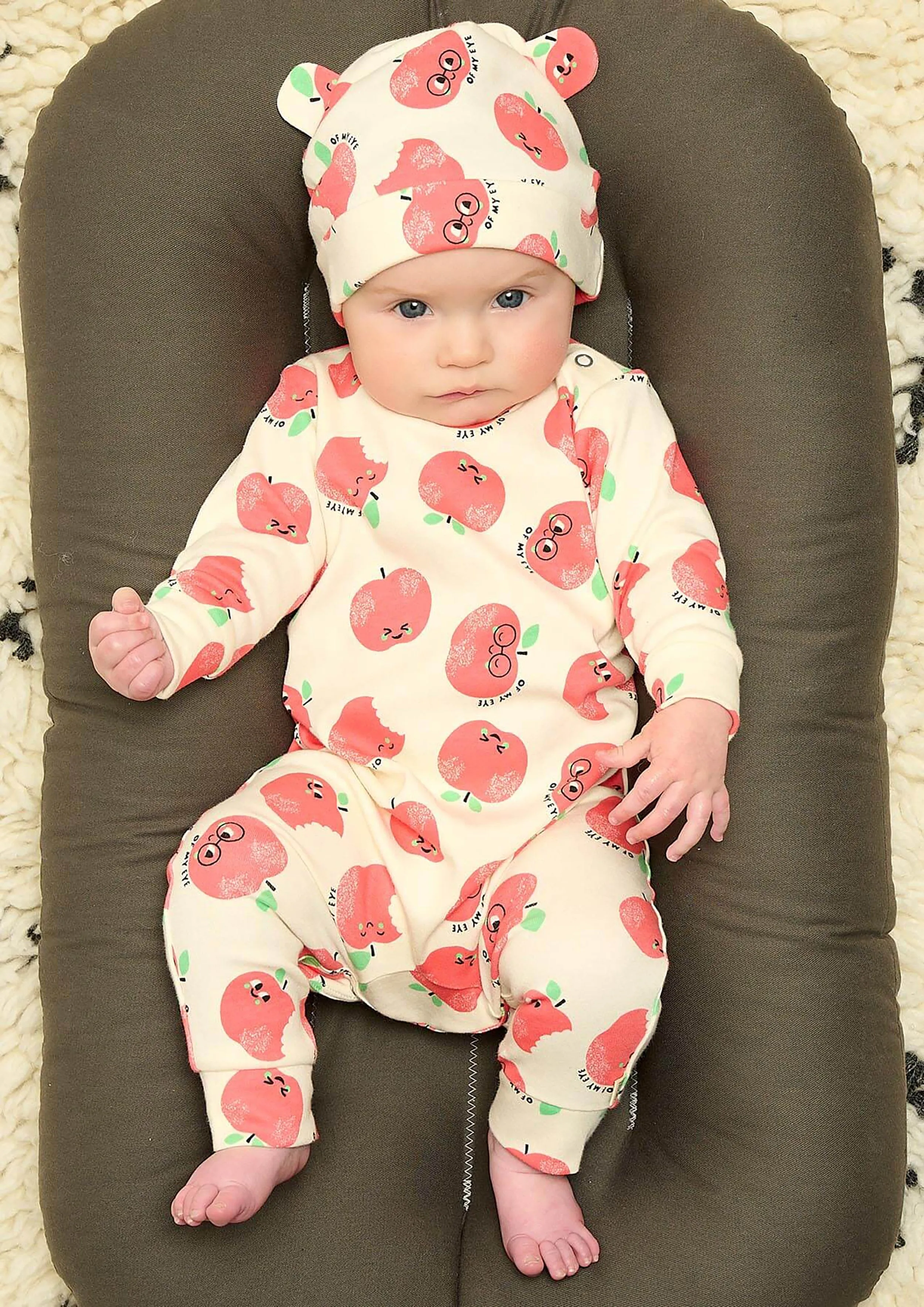 The Bonnie Mob Baby Apple Print Hat With Ears in Red