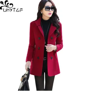 UHYTGF Fashion Winter Jacket Womens Double Breasted Short Wool Coat Solid Color Korean Slim Female Woolen Jacket Loose Size 1150