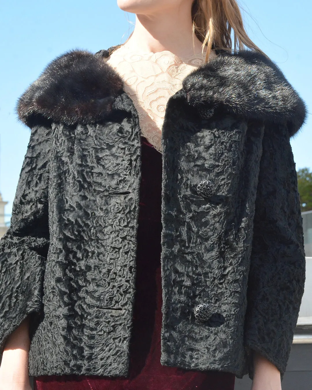Vintage 1960s Persian Lamb Cropped Coat with Mink Collar