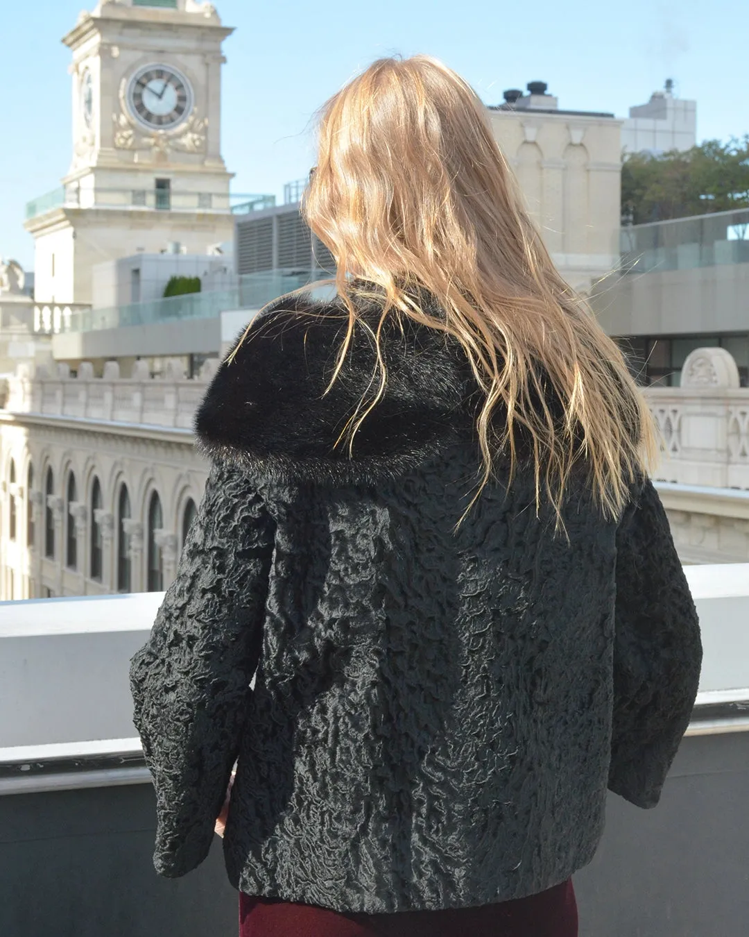 Vintage 1960s Persian Lamb Cropped Coat with Mink Collar