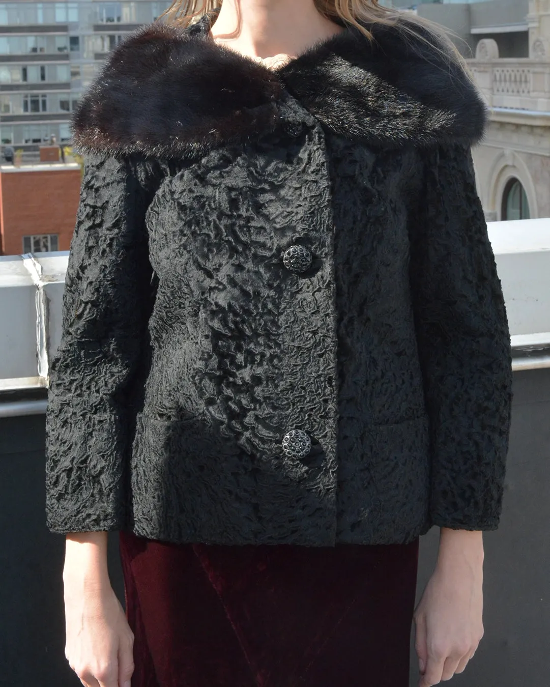 Vintage 1960s Persian Lamb Cropped Coat with Mink Collar