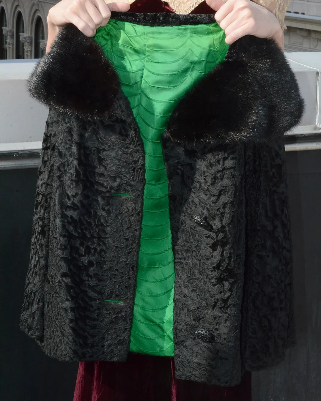 Vintage 1960s Persian Lamb Cropped Coat with Mink Collar