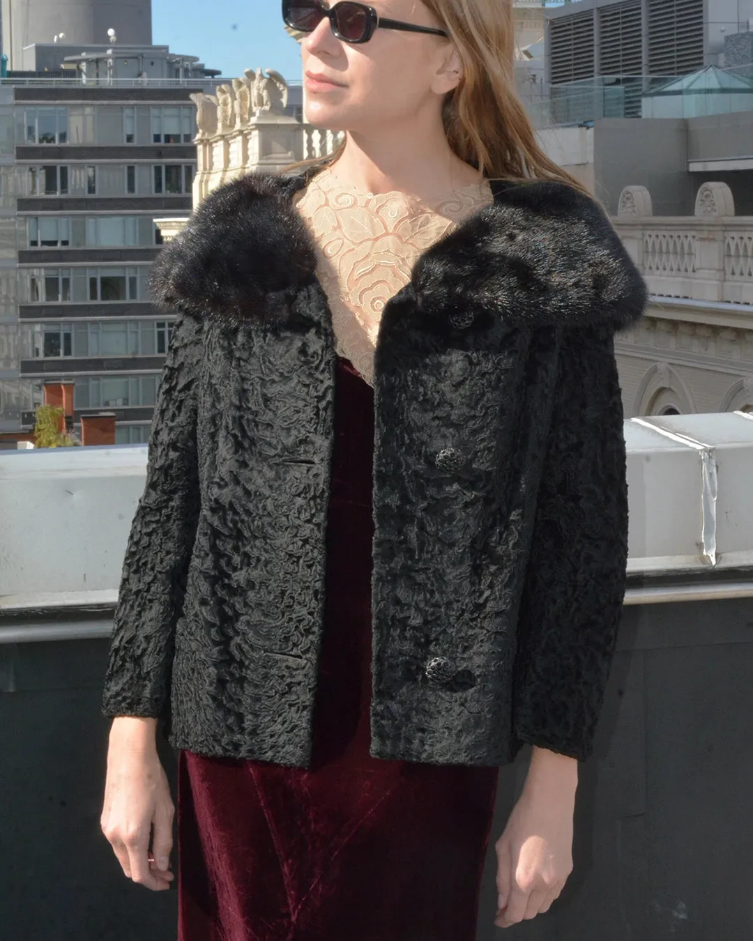 Vintage 1960s Persian Lamb Cropped Coat with Mink Collar