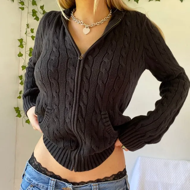 Voguable Vintage Brown Solid Hooded Sweaters Women Autumn Winter Lantern Sleeve Zip Up Jacket Cardigan Knitted Hoodies