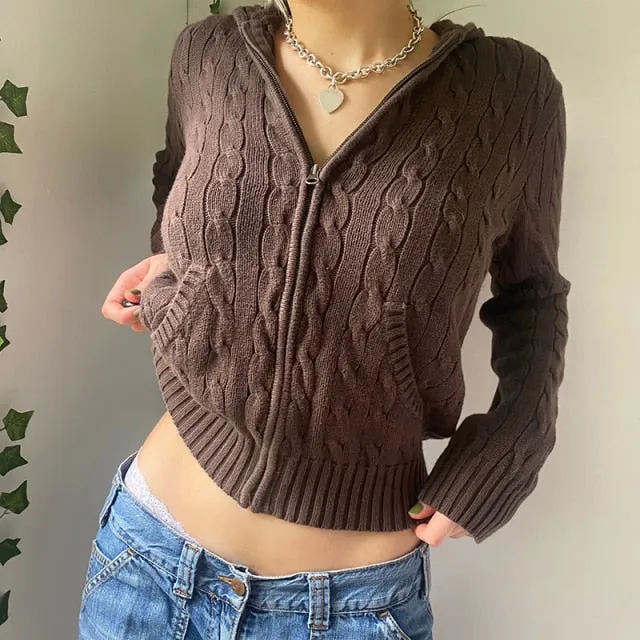 Voguable Vintage Brown Solid Hooded Sweaters Women Autumn Winter Lantern Sleeve Zip Up Jacket Cardigan Knitted Hoodies