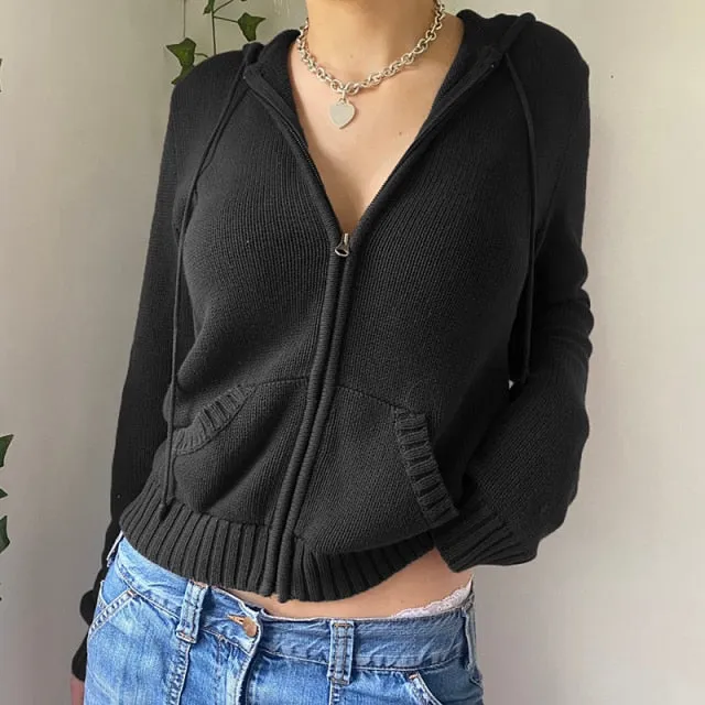 Voguable Vintage Brown Solid Hooded Sweaters Women Autumn Winter Lantern Sleeve Zip Up Jacket Cardigan Knitted Hoodies