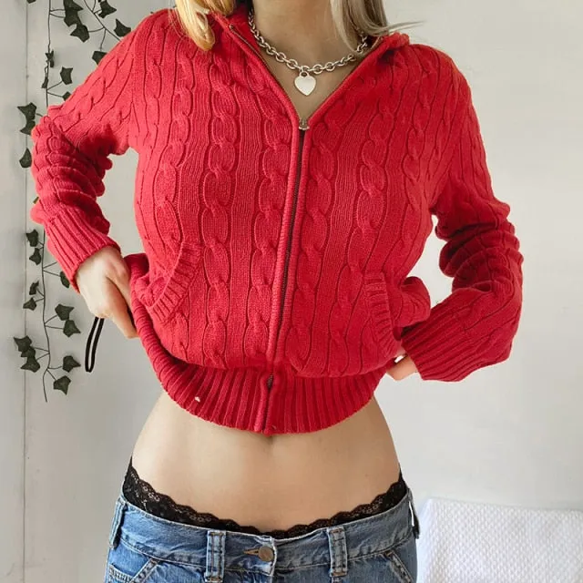 Voguable Vintage Brown Solid Hooded Sweaters Women Autumn Winter Lantern Sleeve Zip Up Jacket Cardigan Knitted Hoodies