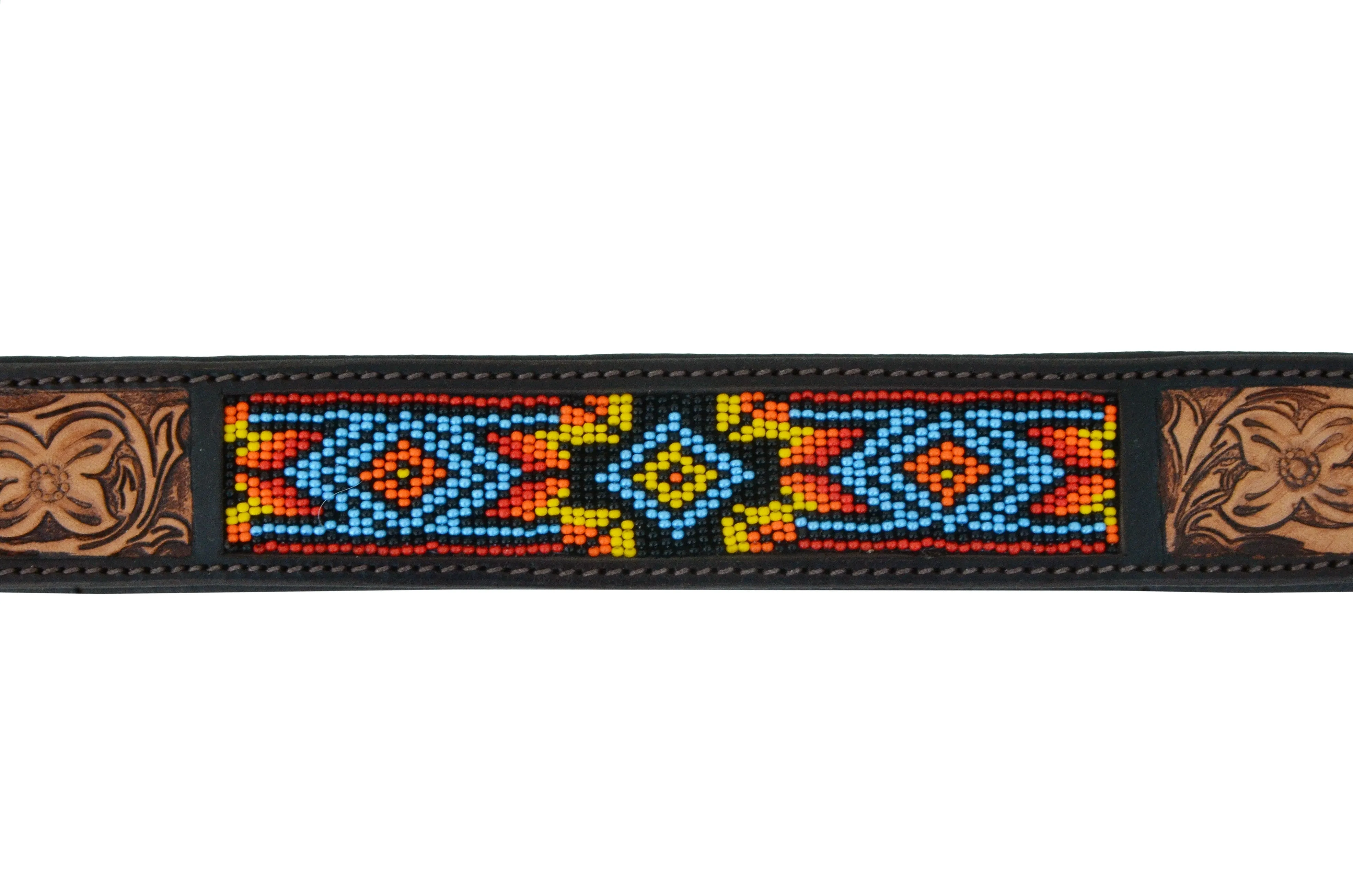 Western Style Beaded and Tooled Leather Dog Collar With Padded Soft Lining 10AB013