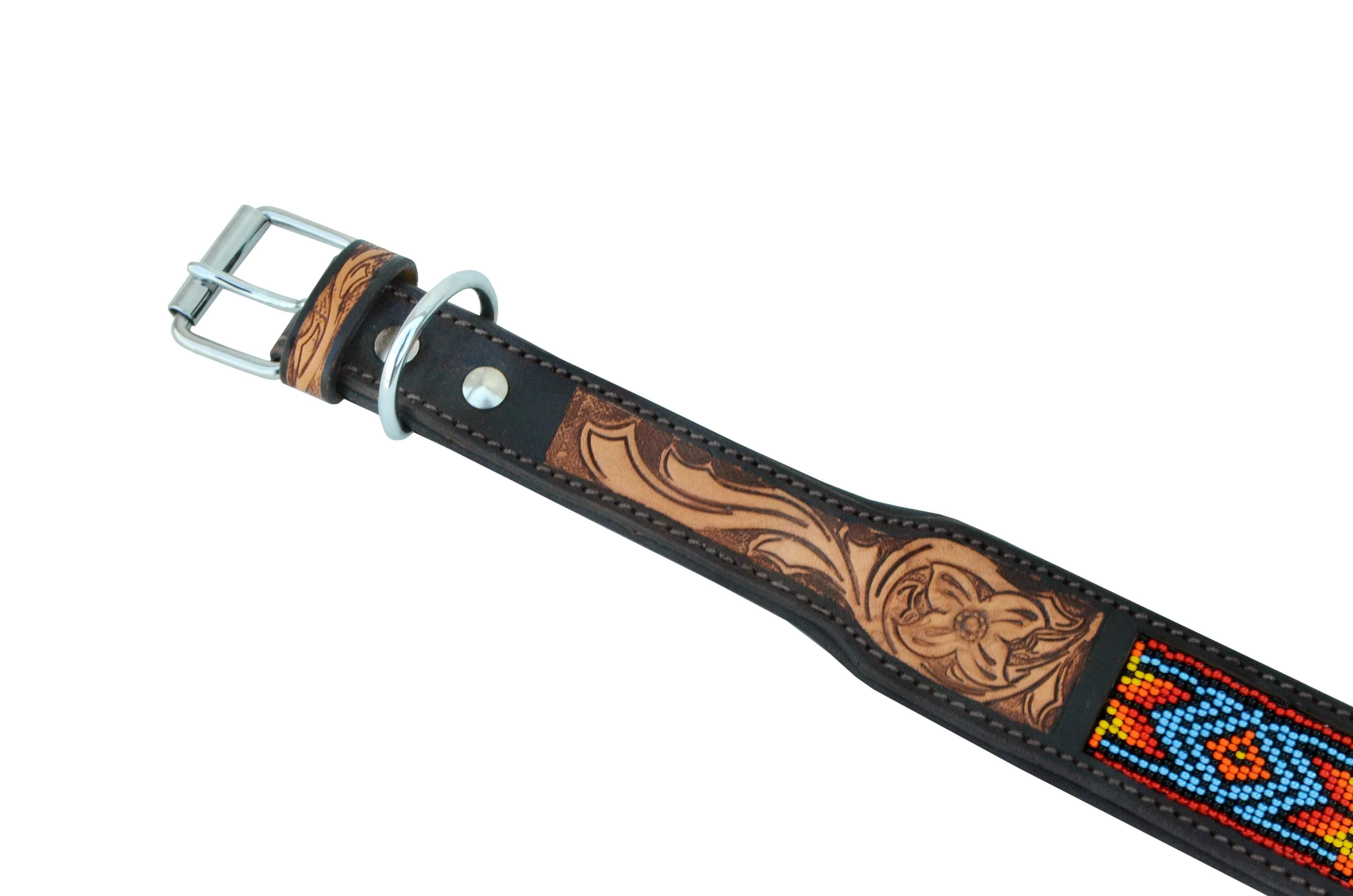 Western Style Beaded and Tooled Leather Dog Collar With Padded Soft Lining 10AB013