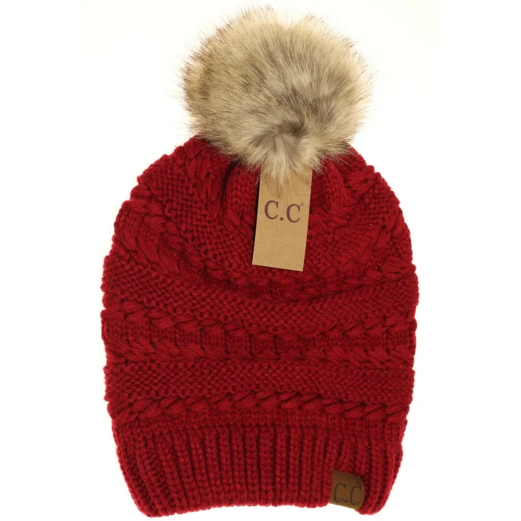 Whipstitch Knit Faux Fur Pom Beanie