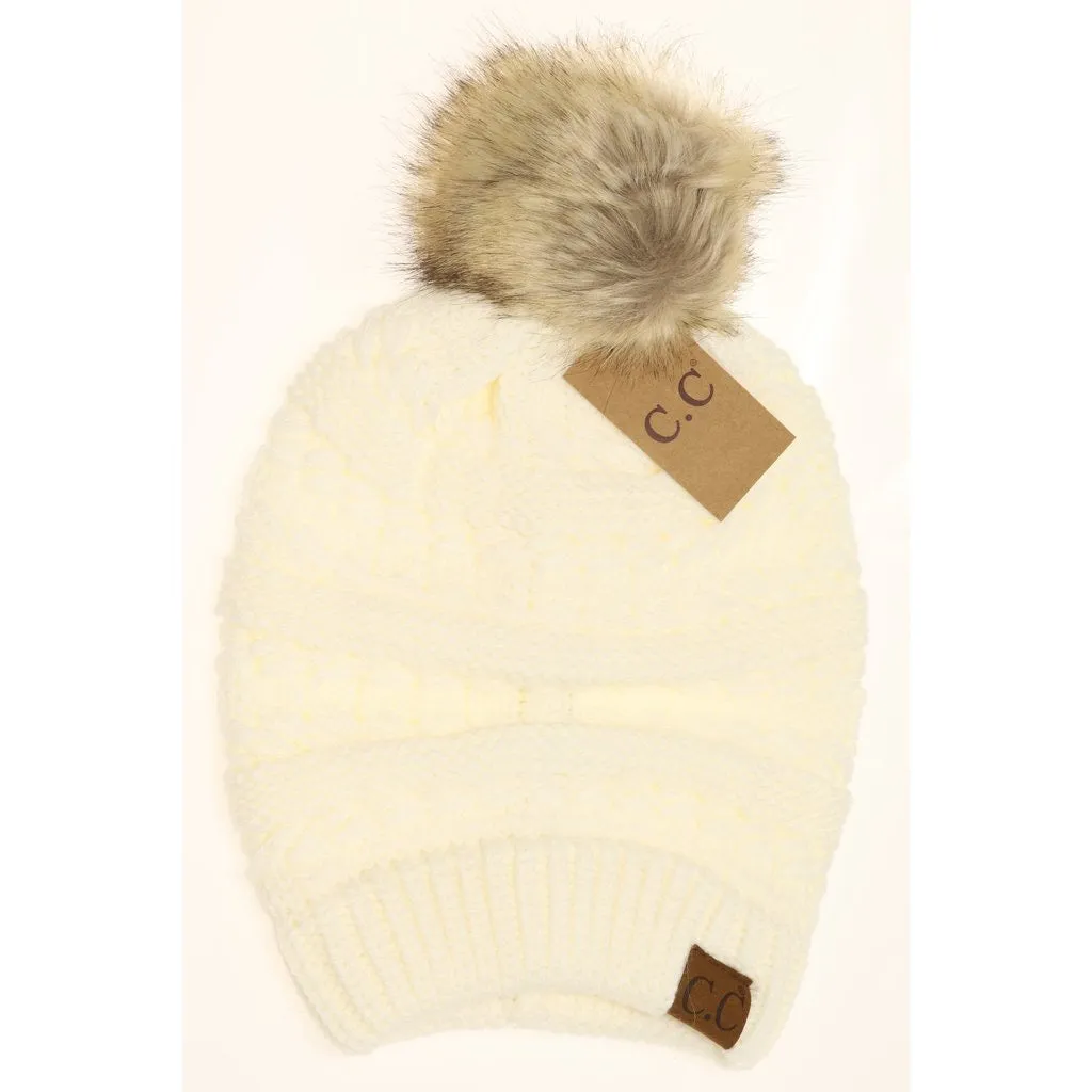 Whipstitch Knit Faux Fur Pom Beanie