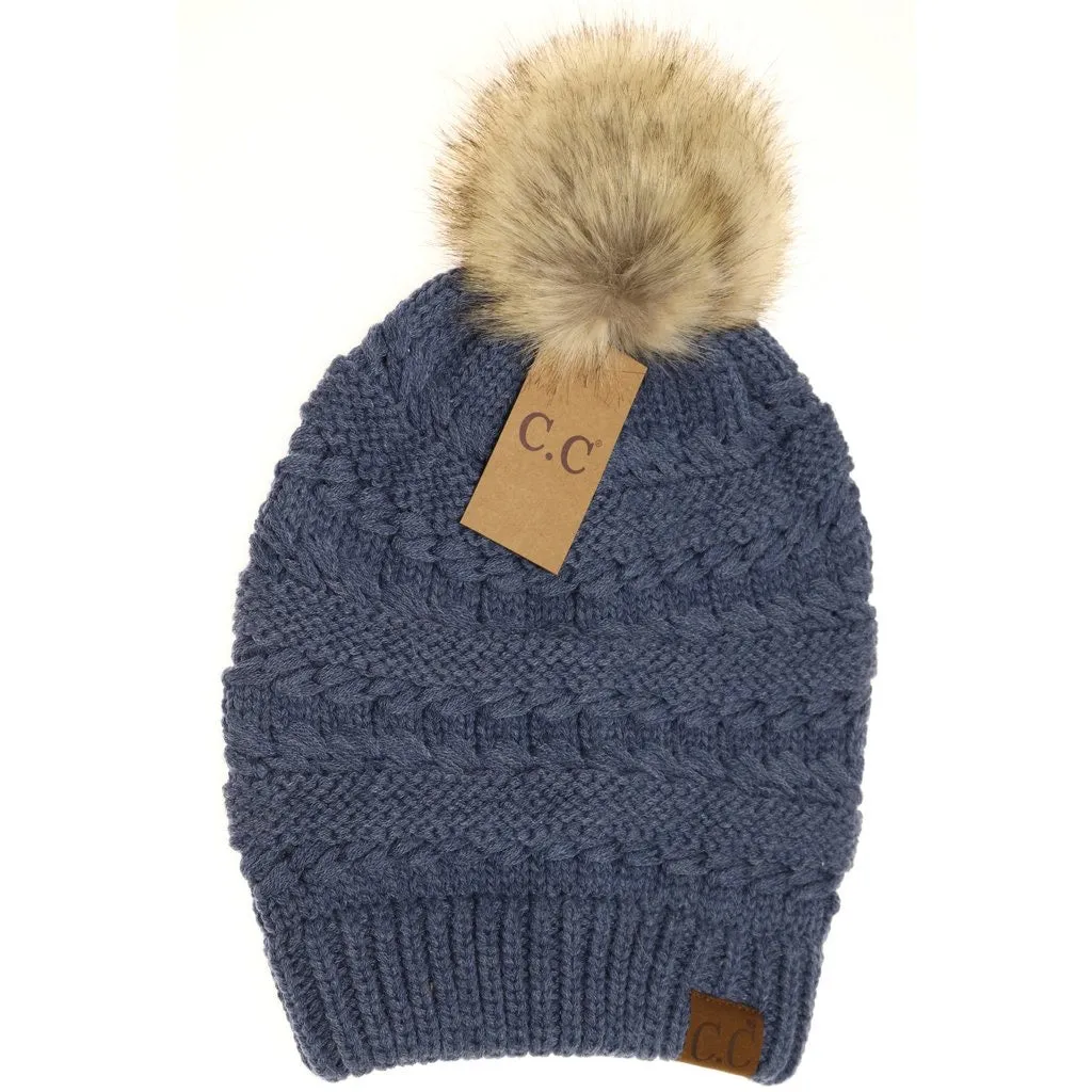 Whipstitch Knit Faux Fur Pom Beanie