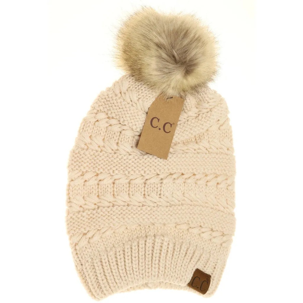 Whipstitch Knit Faux Fur Pom Beanie