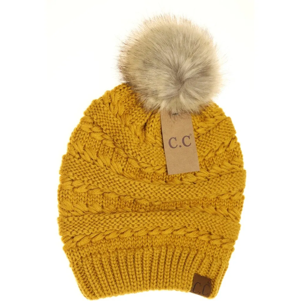 Whipstitch Knit Faux Fur Pom Beanie