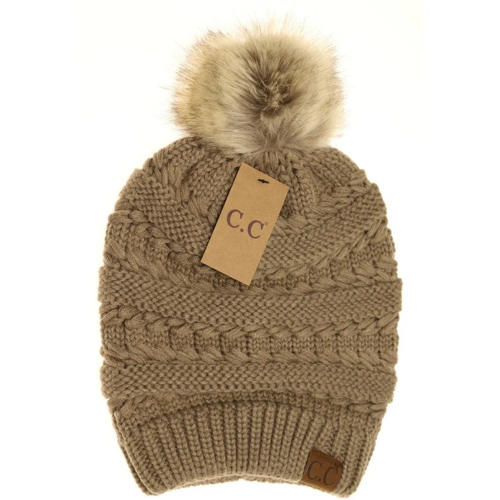 Whipstitch Knit Faux Fur Pom Beanie