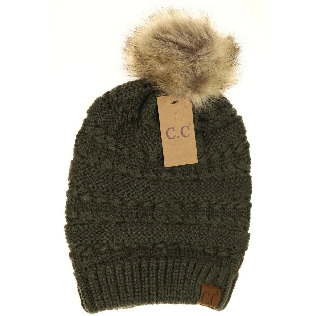 Whipstitch Knit Faux Fur Pom Beanie