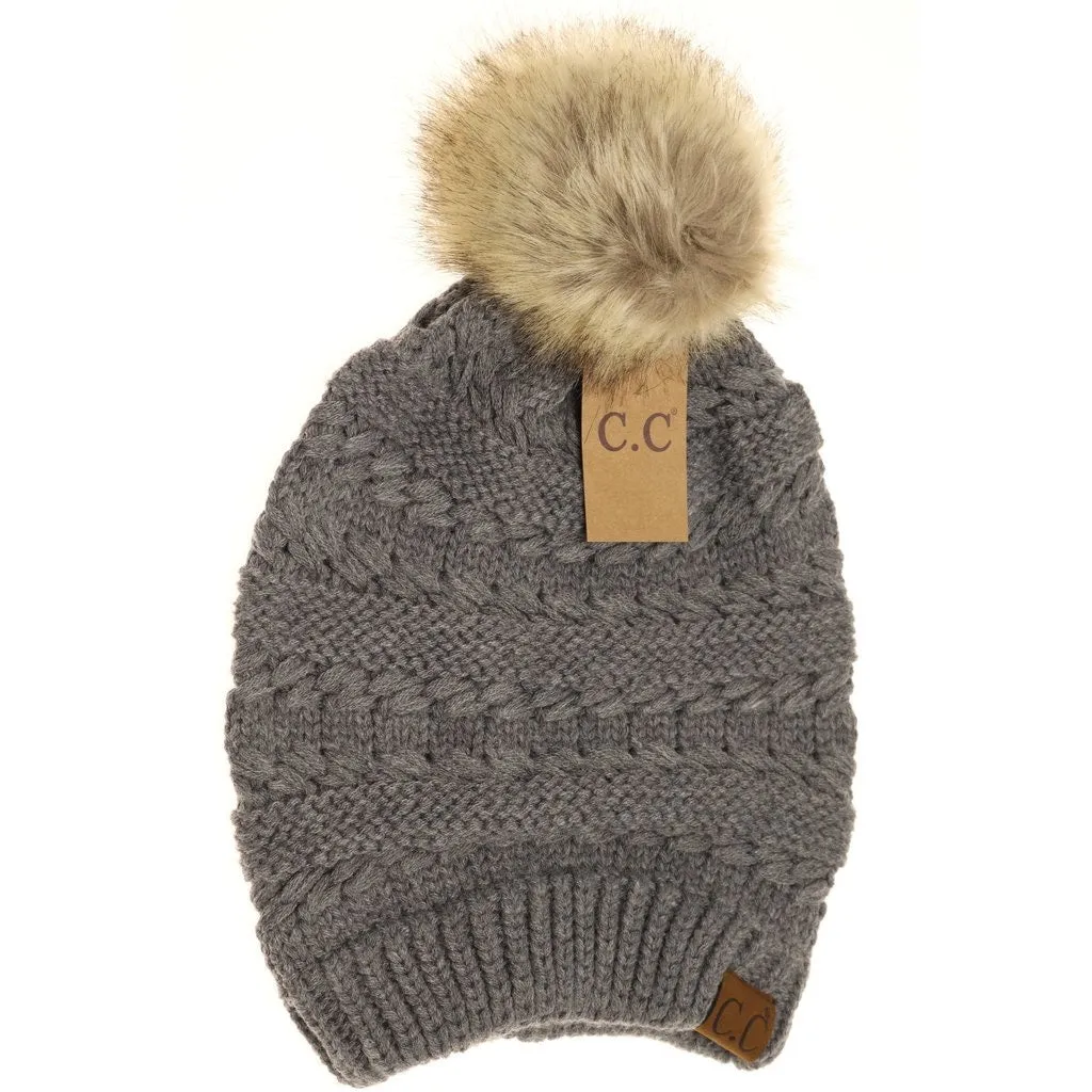 Whipstitch Knit Faux Fur Pom Beanie