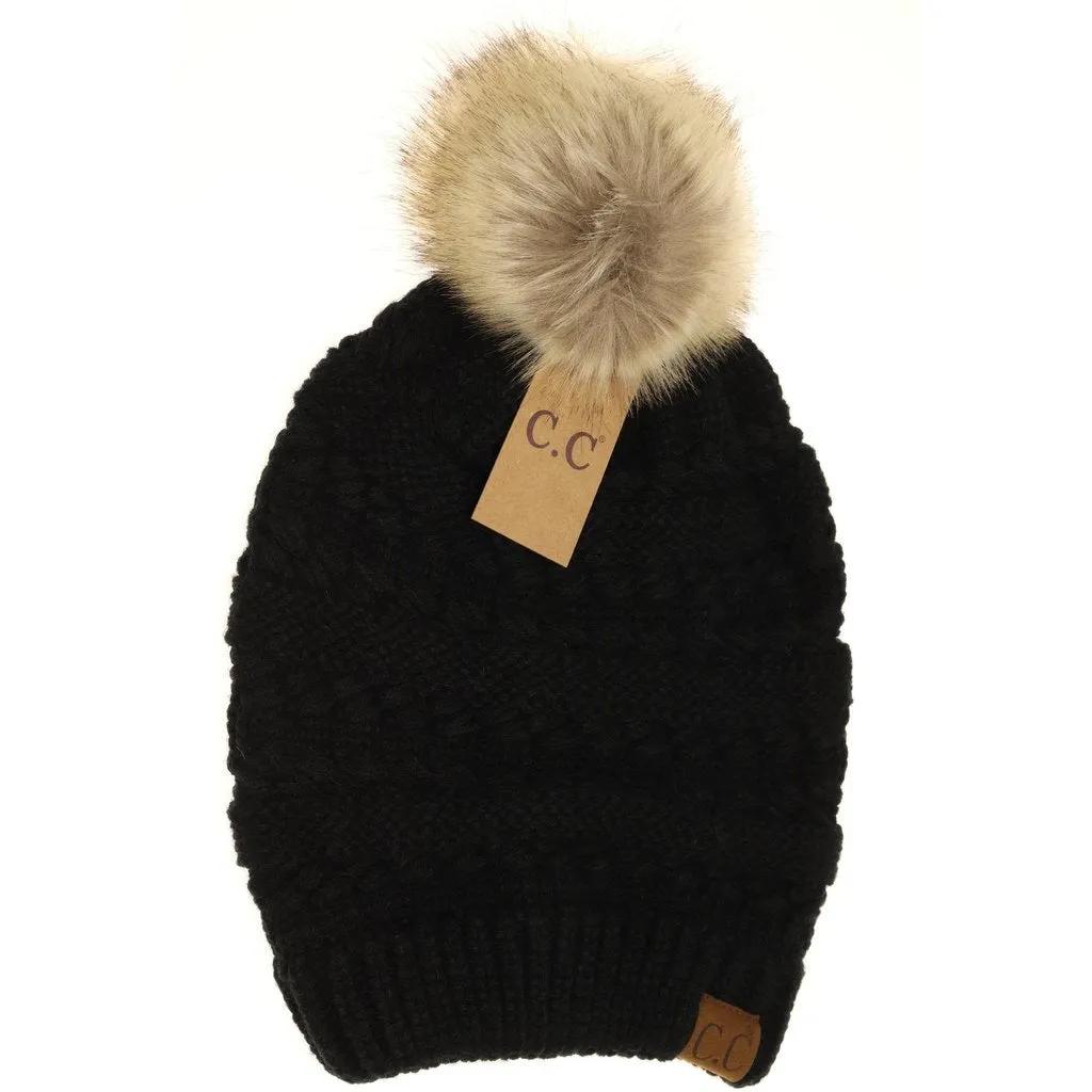 Whipstitch Knit Faux Fur Pom Beanie