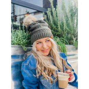 Whipstitch Knit Faux Fur Pom Beanie