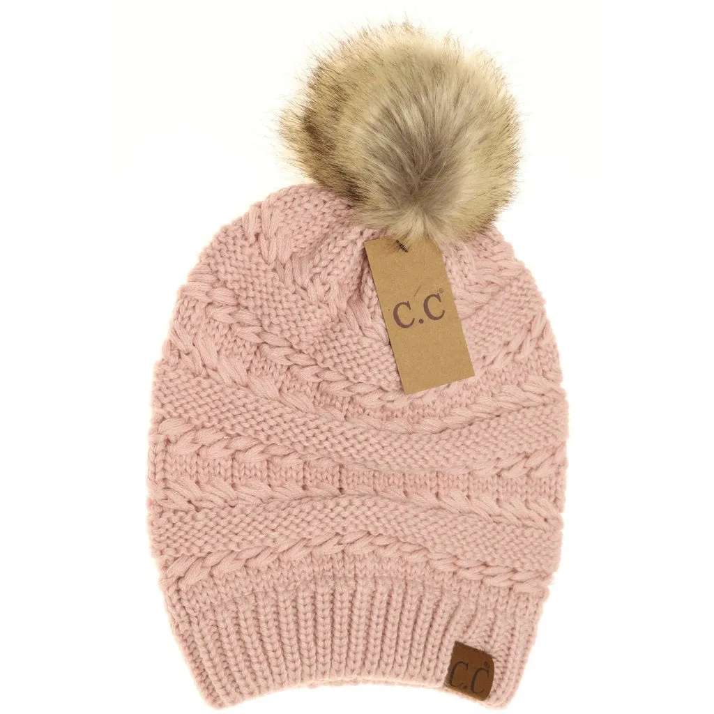 Whipstitch Knit Faux Fur Pom Beanie